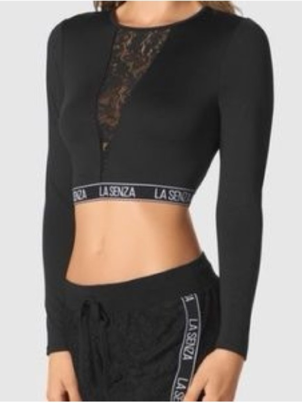 La SENZA Black Lace-Front Long Sleeve Crop Sports Top Medium